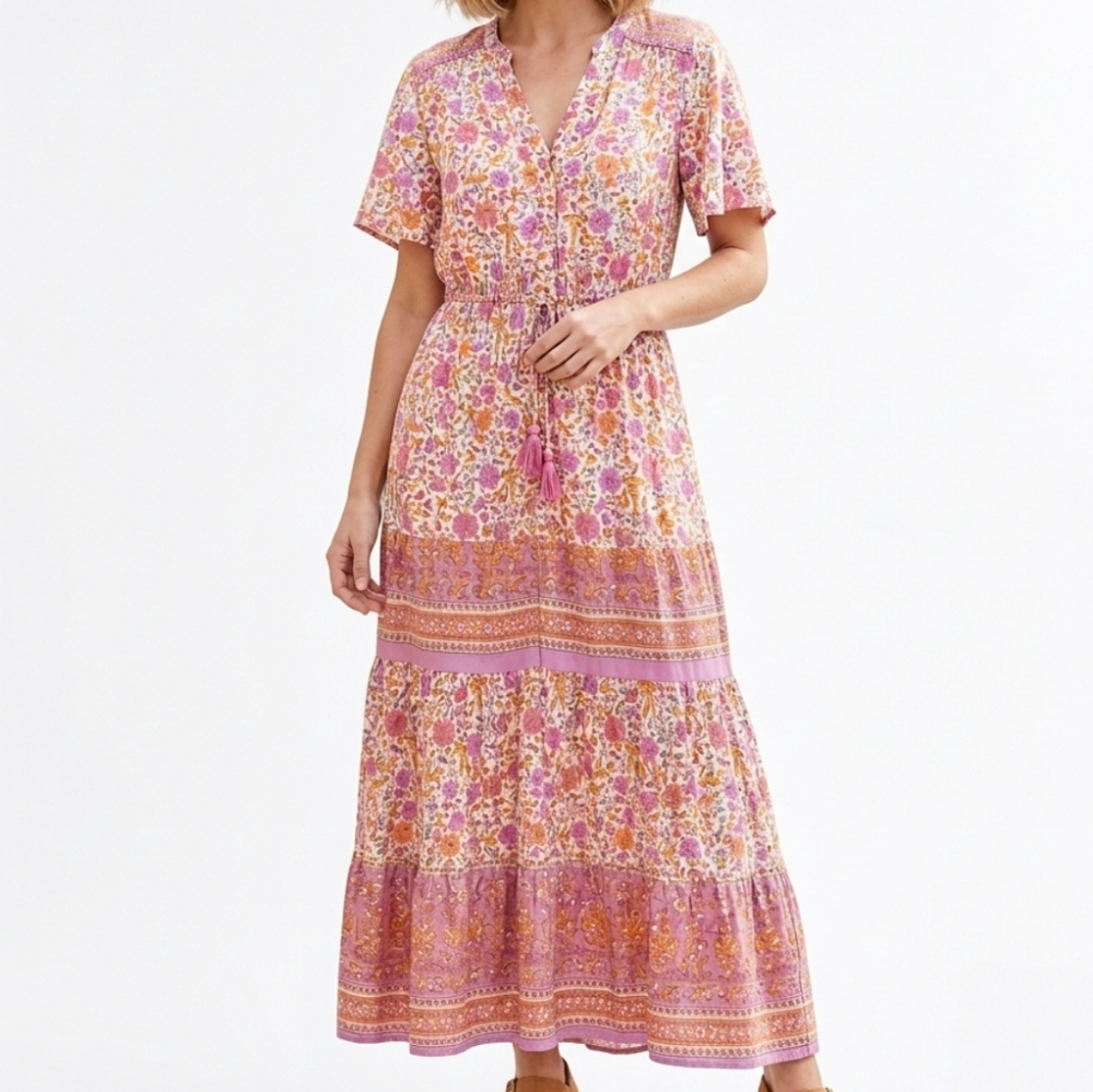 ADDCONFDT Paisley Tiered Maxi Dress Tassel Drawstring Pink NWT Medium Boutique